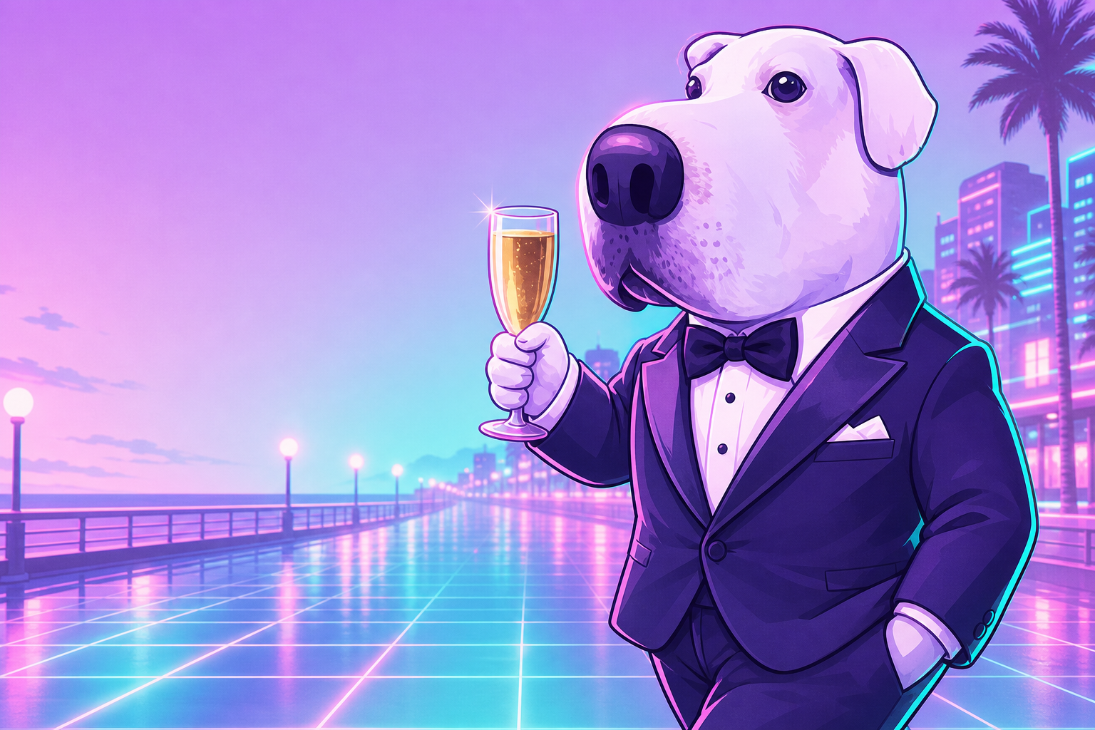The Good Sir standing on a neon boardwalk at dusk, glass raised